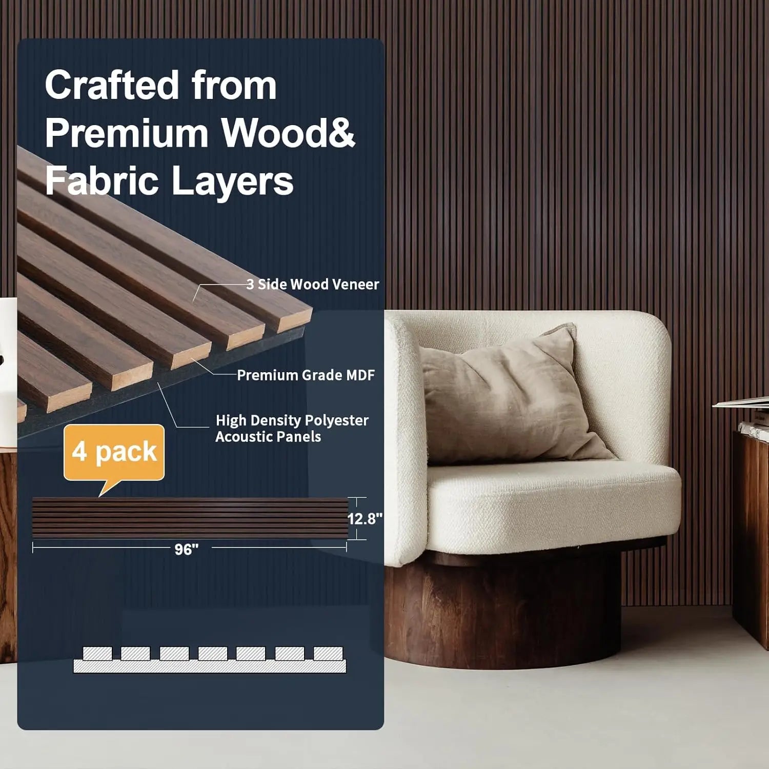 Wood Panels for Wall, 4-Piece 96" x 12.6" Soundproof Wood Slat Wall Panel for Interior Wall Decor Noise Cancelling