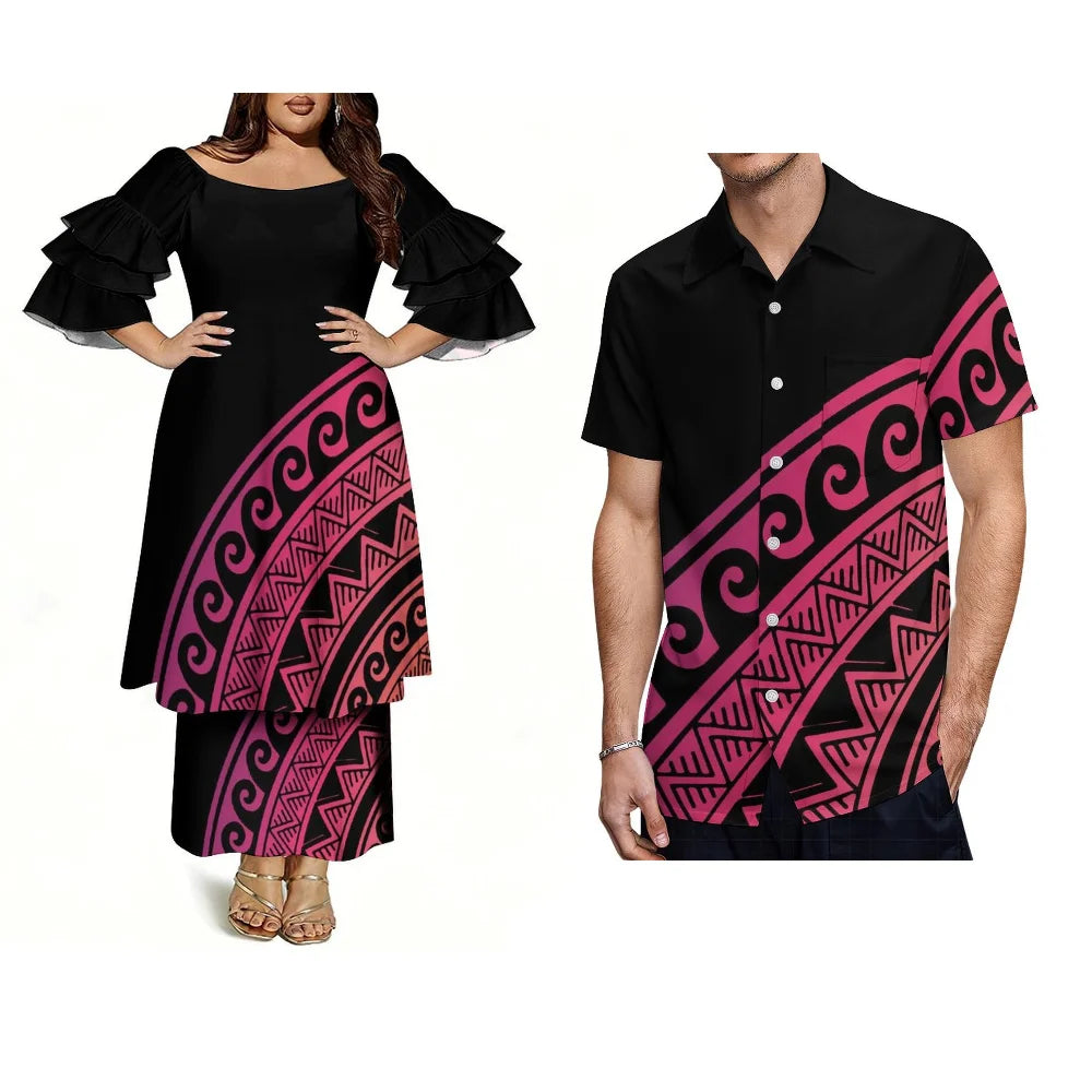 Customized Men's Short-Sleeved Shirts With Polynesian Pacific Island/ Ethnic Style Fashionable Women's Elegant Dresses
