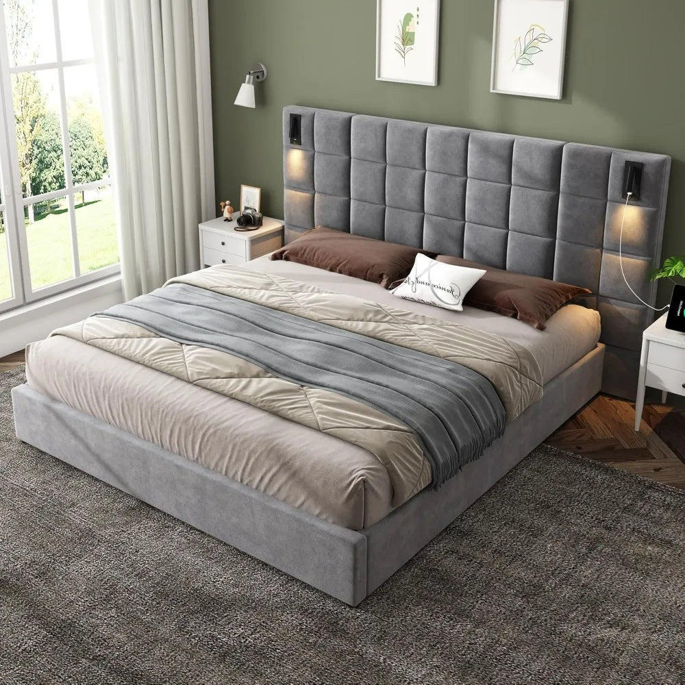 King-Size Upholstered Bed with Reading Light and USB Charging, Velvet Headboard, Grey (No Side Tables or Mattress Included)