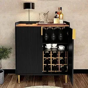 Sideboard Buffet Cabinet with Fluted Texture, Modern Coffee Bar Cabinet with Wine Rack &Drawers, Black Liquor Cabinet for Kitchen
