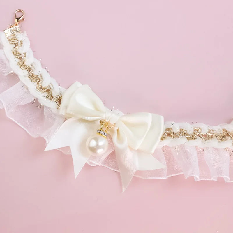 Lace Princess Cat Collar Necklace with Bow and Pearl Decoration Cute Kitten Jewelry Accessory