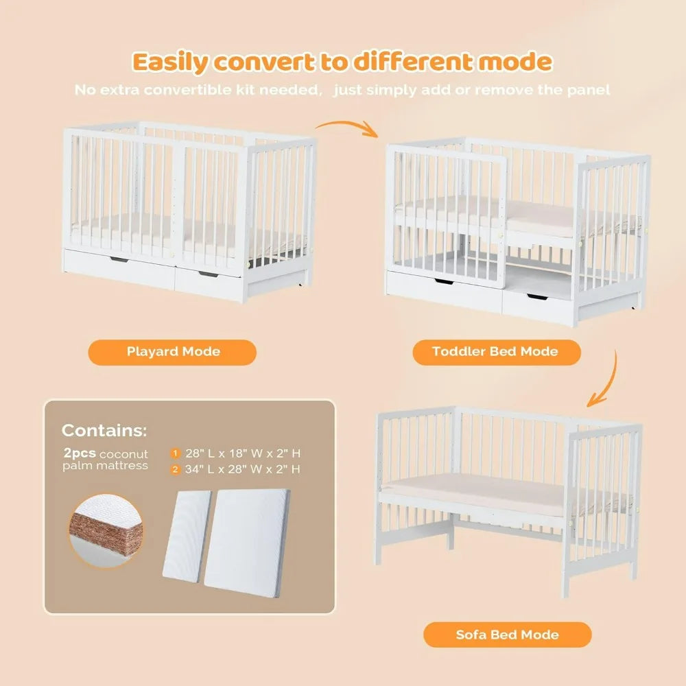 Joymor 8-in-1 Convertible Crib with Changer, Including 2-Inch Mattress, Transforms into Bassinet, Mid-Sized Crib, Full-Size Crib