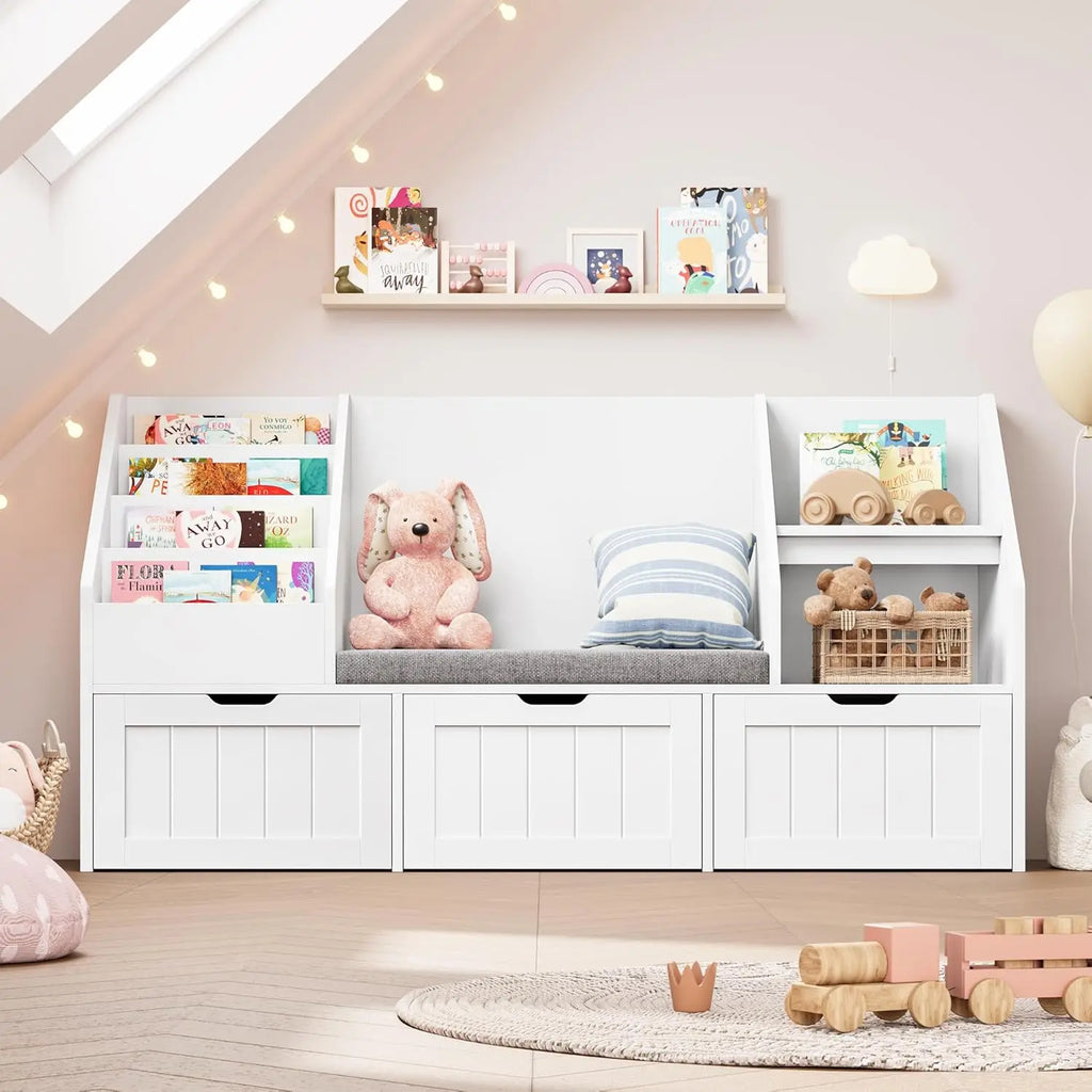 55.1’’ Kids Bookshelf with Reading Nook, Toy Storage Organizer with Seat Cushion and 3 Movable Drawers, Kids Reading Nook Toy