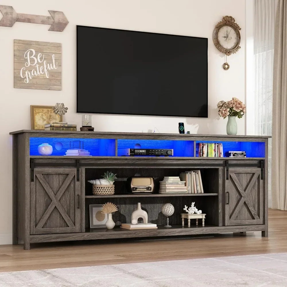 80" LED Farmhouse TV Stand for 90/85/80" TVs, Tall Entertainment Center Storage Cabinets w/Power Outlets and Sliding Barn