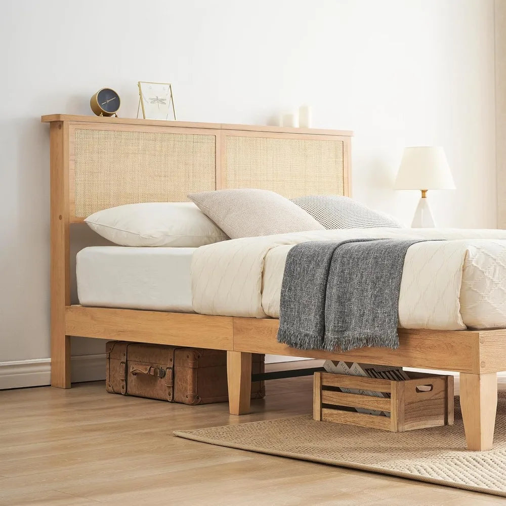 Rattan Bed Frame Queen with Natural Rattan Headboard, Queen Bed Frame with LED Lights, with Headboard, Solid