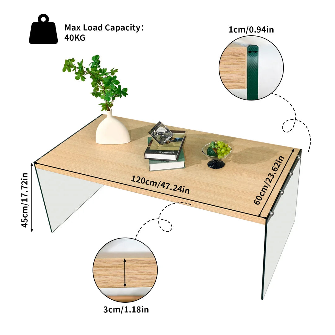 Modern Living Room Center Table 120x60cm Rectangle Wood Tabletop, Coffee Table, Tea Table with Tempered Glass Stand
