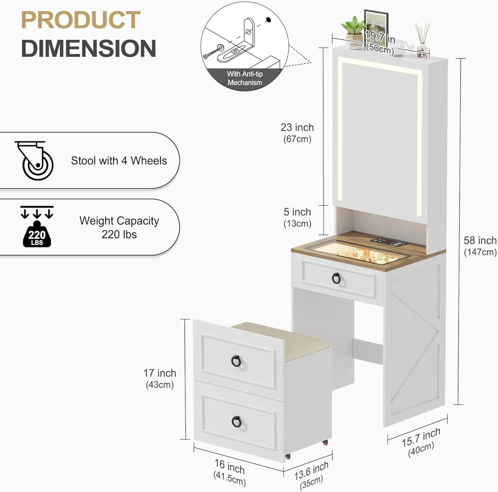 3-in-1 Compact Vanity Desk with Illuminated Mirror and Charging Station, Makeup Vanity Set