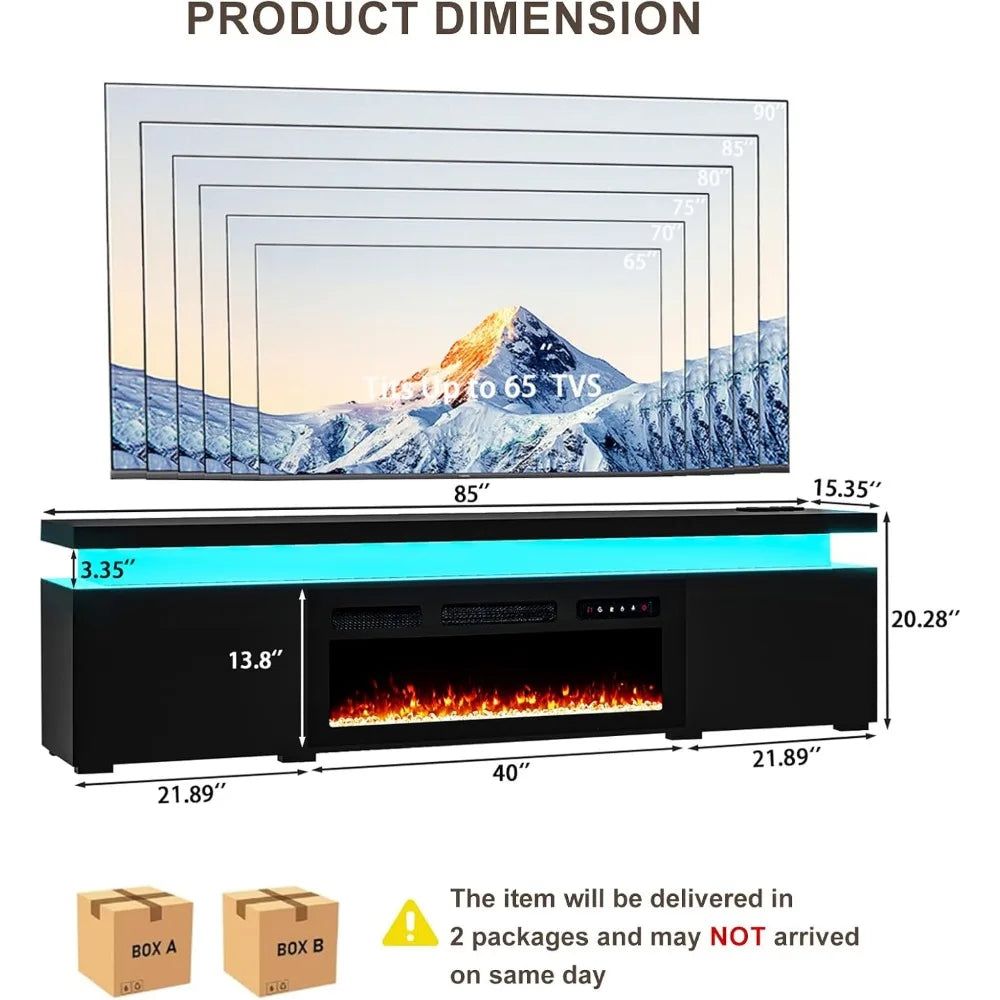 85’’ Fireplace TV Stand for 90 Inch TVs, With LED Lights, High Gloss
