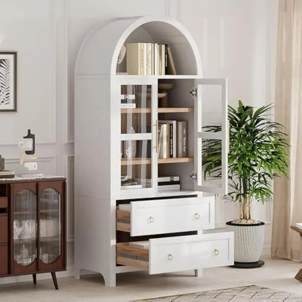 71" Tall Arched Farmhouse Style Cabinet with Glass Doors and Two Large Drawers - Adjustable Shelves for Modern Kitchen