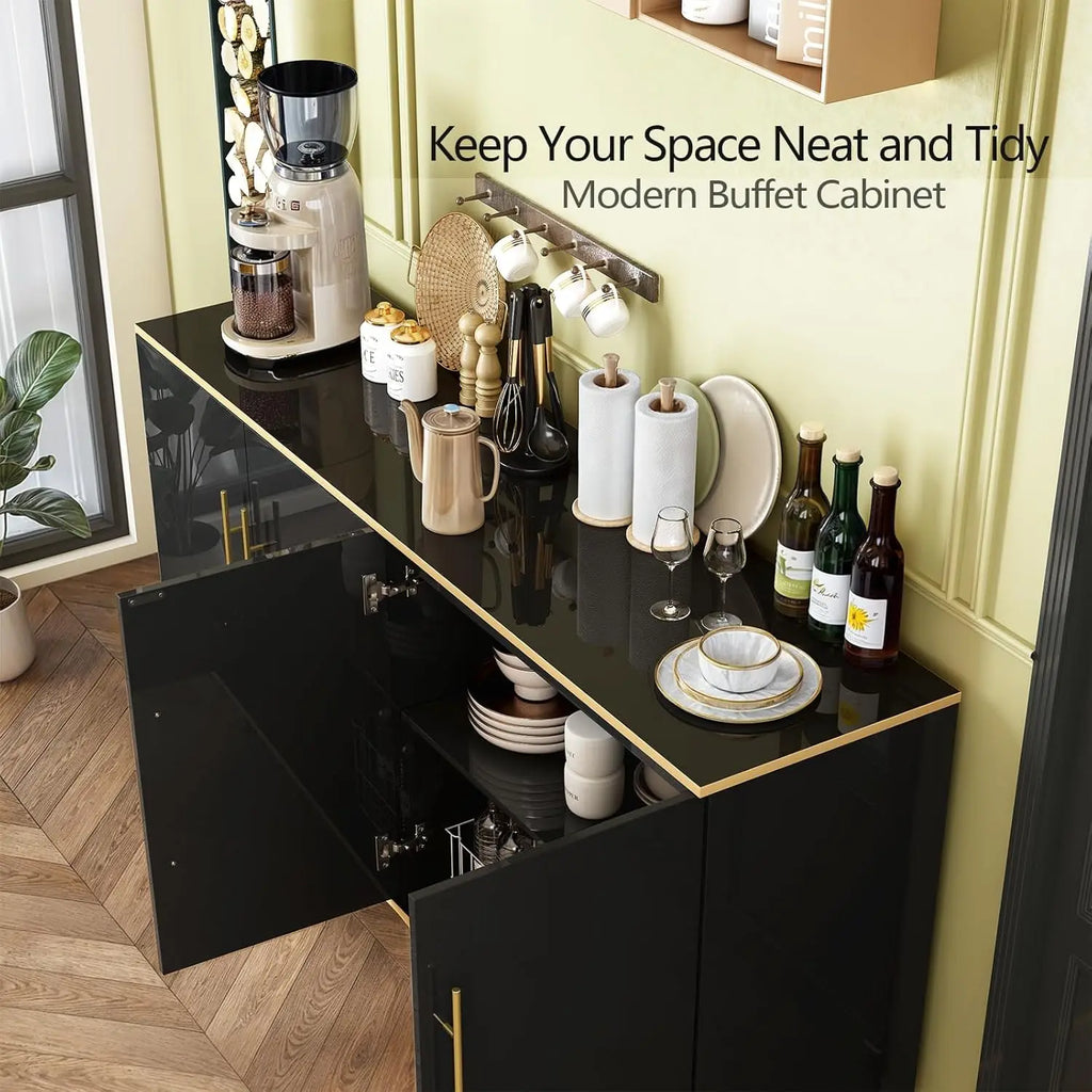 63" Sideboard Buffet Cabinet with Storage, Console Cabinets with Adjustable Shelves & Doors, High Glossy Black