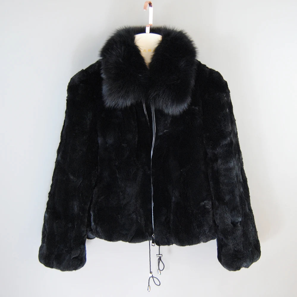 New Fashion Lady 100% Natural Rex Rabbit Fur Coat/ Women Winter Thick, Warm, Real Rex Rabbit Fur Jacket With Quality Fox Fur Collar