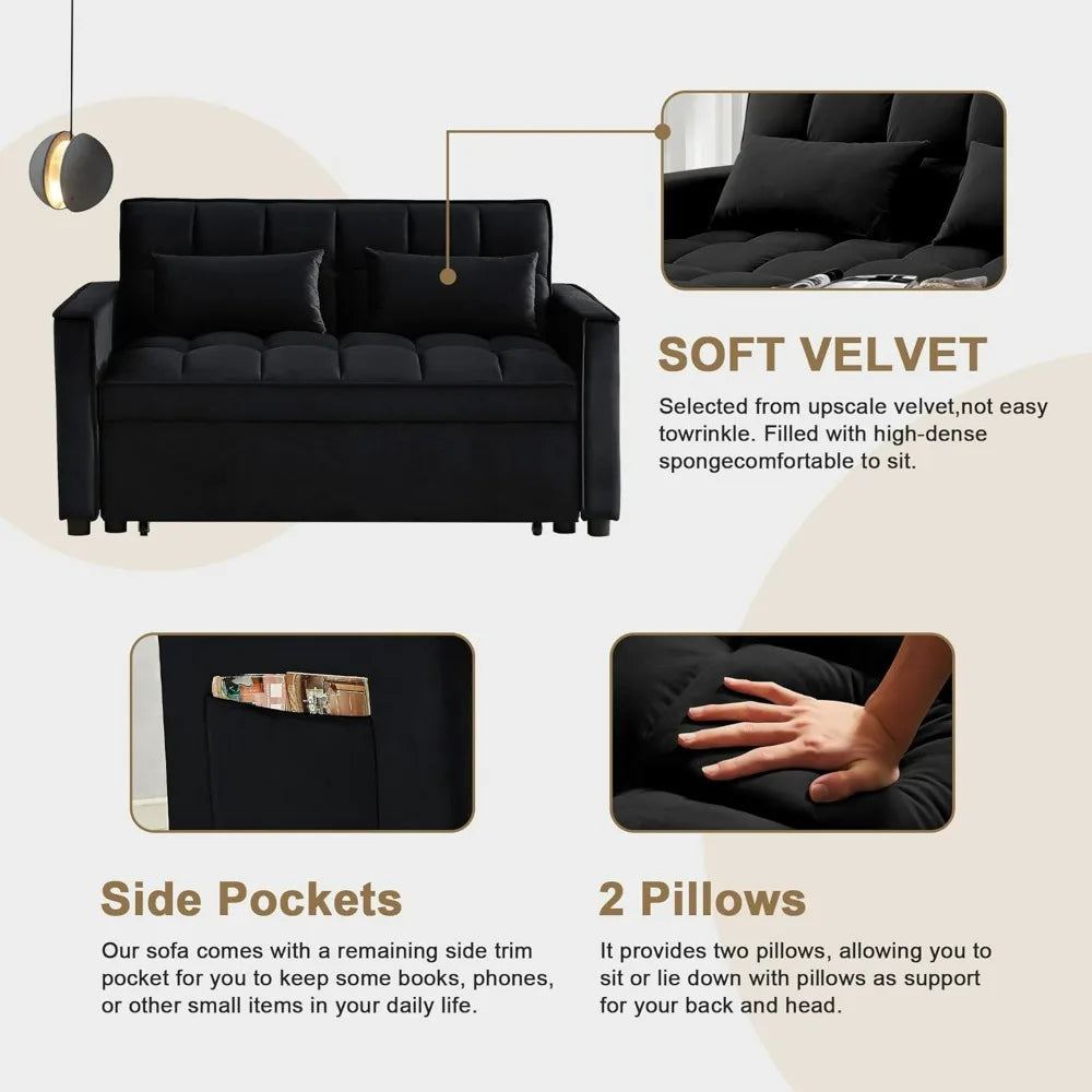 55 Inch 3-in-1 Sleeper Loveseat, Velvet Futon Sofa with Adjustable Reclining Backrest and Pull Out Couch, Includes Pillows