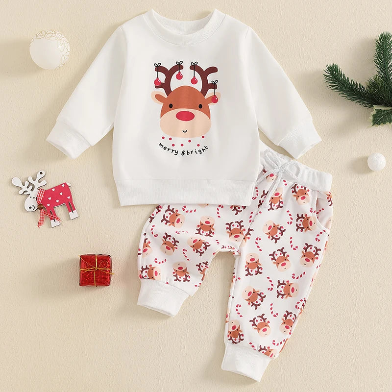 Toddler Boys Christmas Outfits Deer Print Long Sleeve Sweatshirts and Long Pants/ 2Pcs Clothes Set