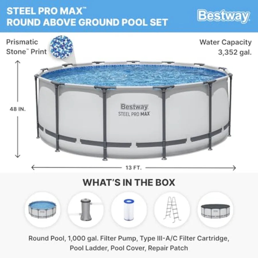 Steel Pro MAX 13' x 48" Above Ground Pool Round Metal Frame/ Outdoor Swimming Pool Set with Filter, Pump, Ladder, and Cover Gray