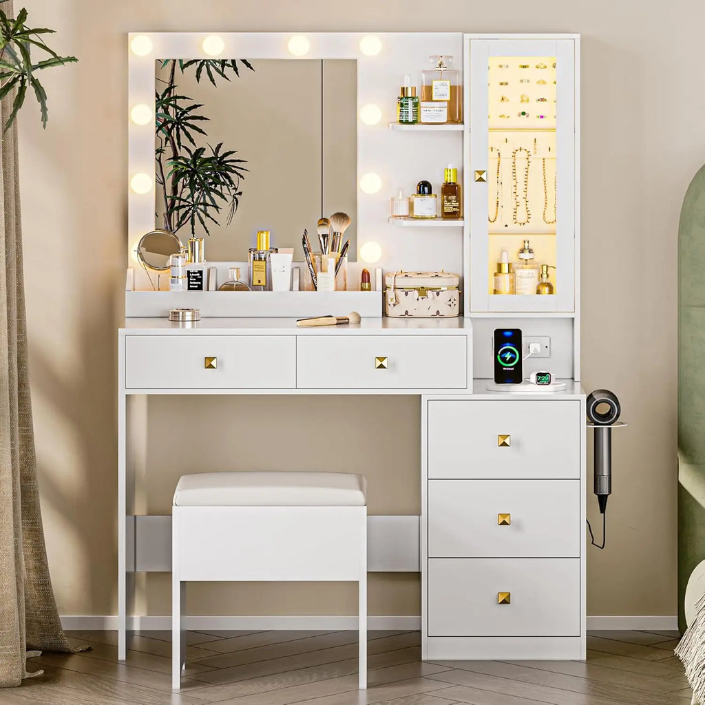 Vanity Desk with Mirror and Lights, White Makeup Vanity with 5 Drawers Hidden Jewelry Organizer & LED Glass Cabinet