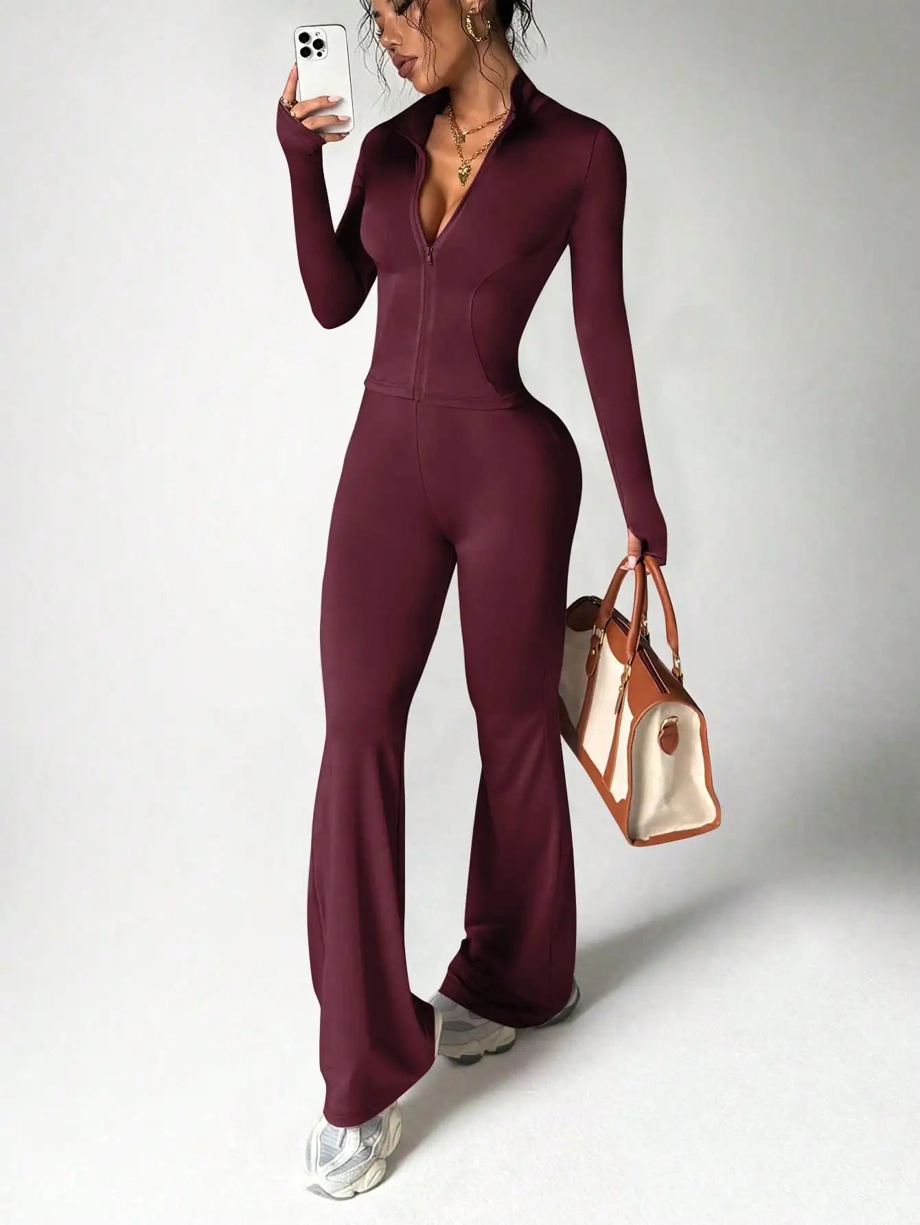 BWQ Women's Solid Color Long Sleeve Top And Fitted Sports Pants Set, Suitable For Fitness And Workout