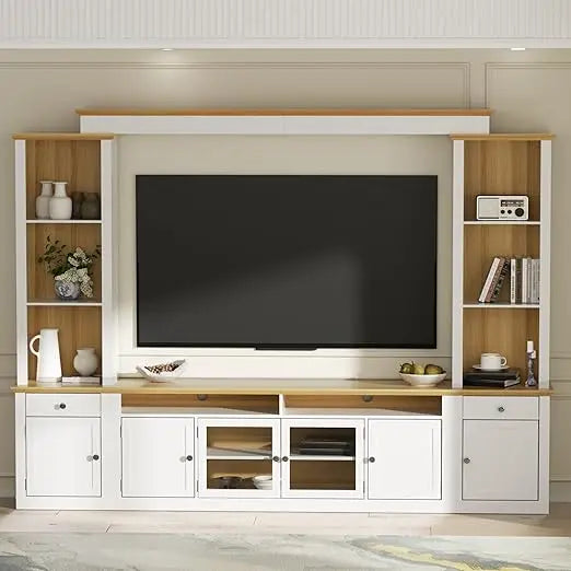 Large Farmhouse TV Stand with Cabinets for TVs Up to 78" Wall Unit Entertainment Center with Open Bookshelves and 2 Drawers