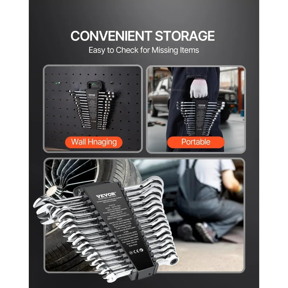 30-Piece Ratcheting Wrench Set with Organizer, Cr-V Steel, SAE 1/4 to 1 and Metric 8mm
