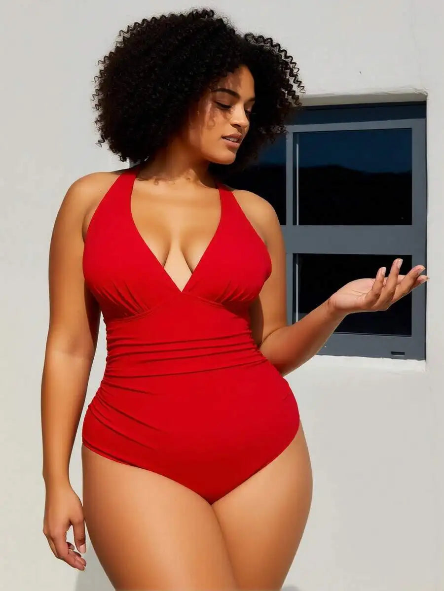Womens Tummy Control Ruched V Neck One Piece Swimsuit Slimming Push Up Bathing Suit
