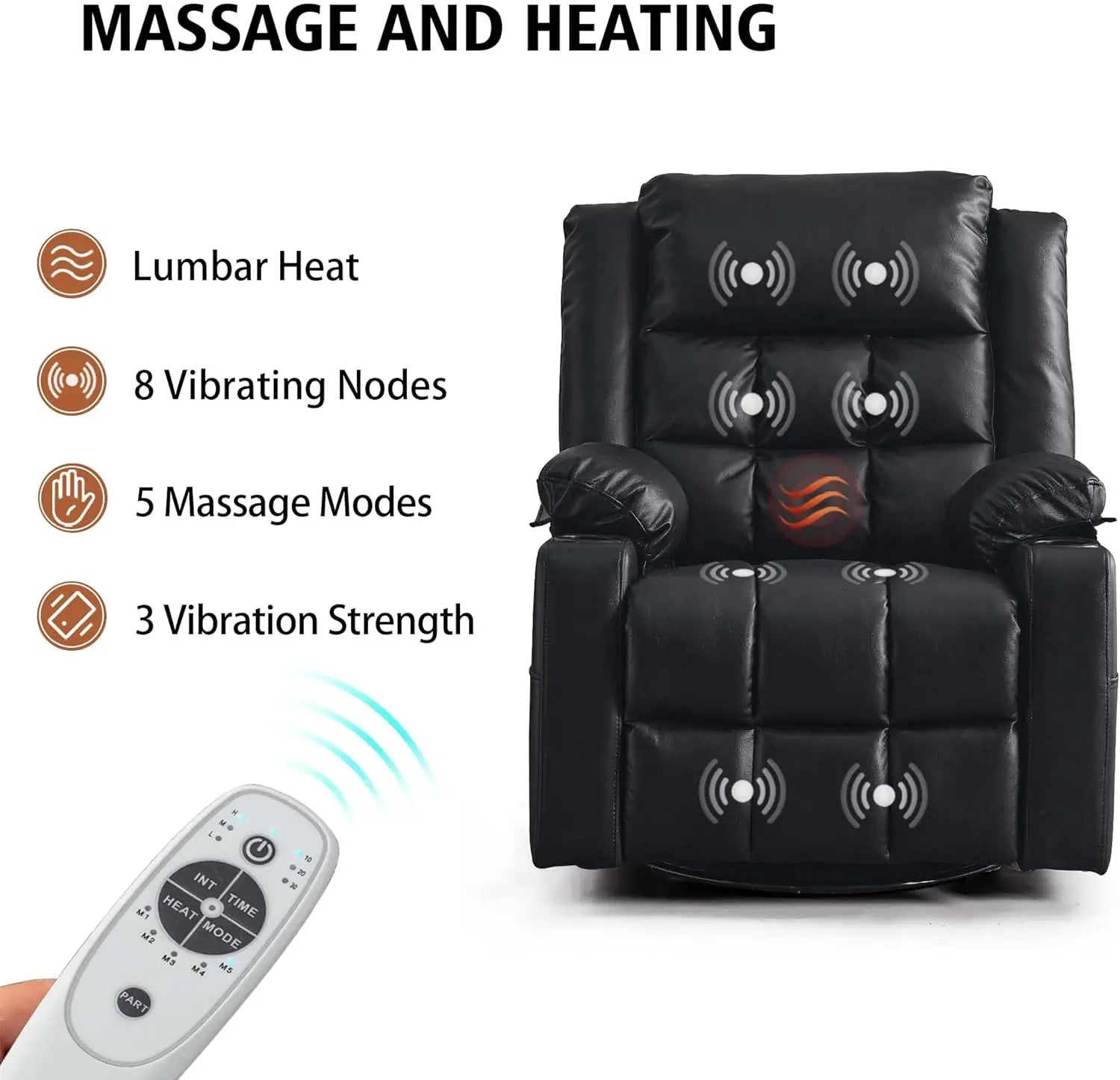 Power Swivel Rocker Recliner Chair for Adults with Massage and Heat, USB and Type-C Ports, Infinite Position, Electric Leather