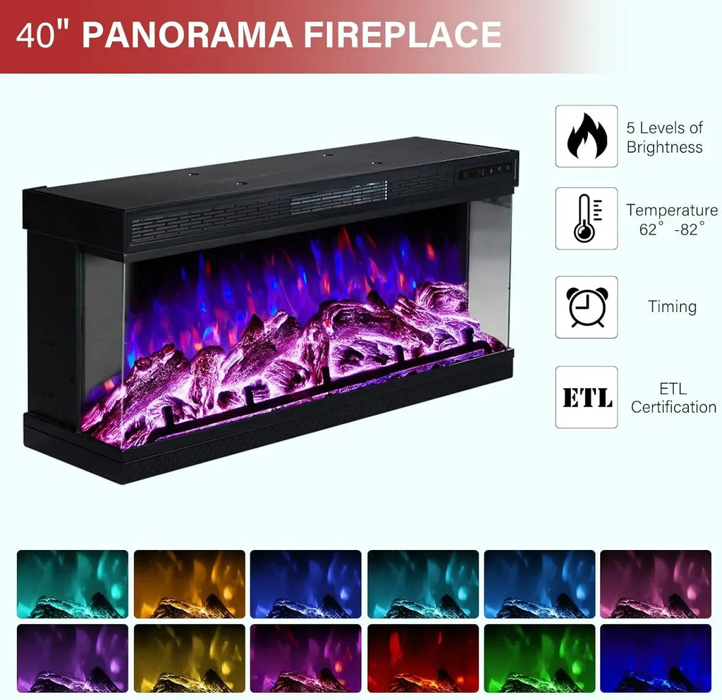 75" Fireplace TV Stand with 3-Sided Glass Electric Fireplace, Media Entertainment Center , TVs up to 85", Black