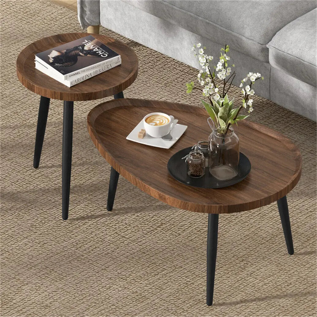 Irregular Living Room Coffee Table Set Small Drop-Shaped Solid Wooden Sofa Side/ End Table 2-in1 with Triangle Legs