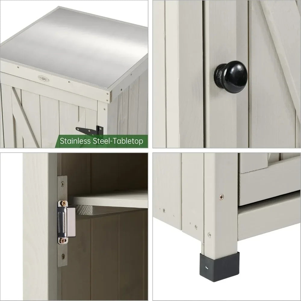 Outdoor Storage Cabinet for Patio, Garden Potting Bench Table with Shelves & Metal-Tabletop, Wooden Planting Work Station, Weather Proof