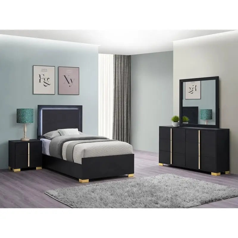 4-Piece LED Twin Bedroom Set in Black with Medial Storage