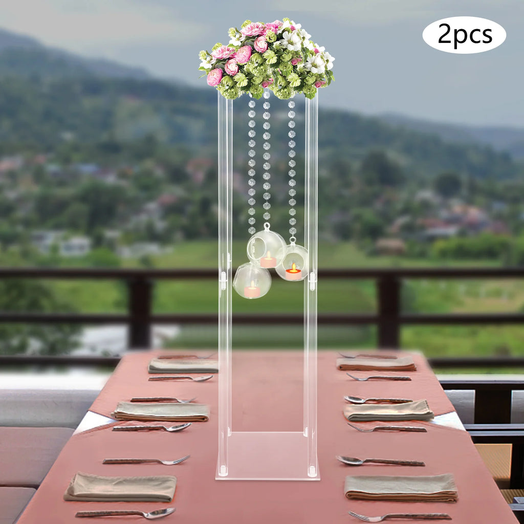 2Pcs Clear Flower Stand Wedding Centerpieces 20*20*80cm with Hanging Candle Holders for Banquet, Festival, Party Decoration