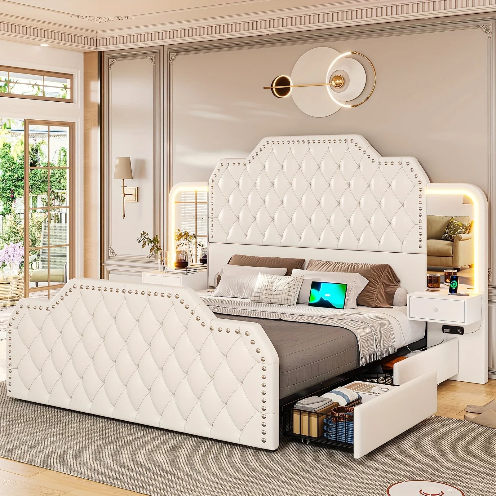 Queen Size Bed Frame/2 Nightstands with Mirror, Platform Bed Frame with 53" Tall Headboard and 4 Storage Drawers