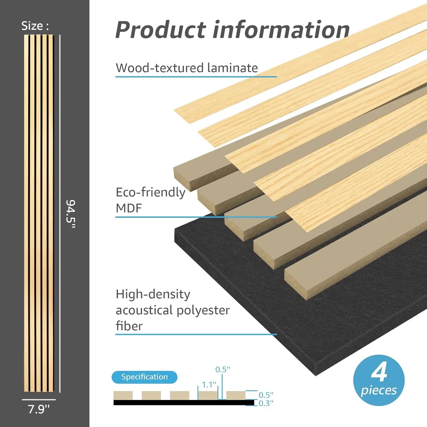 4-Piece Wood Slat Acoustic Panels for Stylish Decor and Noise Reduction, 3D Textured Panel for Ceiling and Wall, Oak