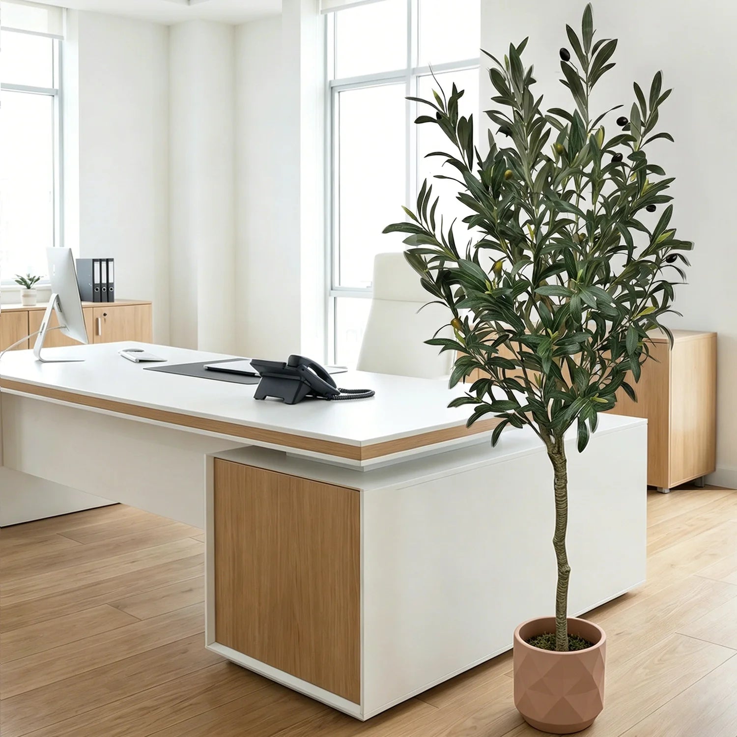Artificial Olive Tree with Planter, Realistic Faux Silk Plant with Wood Trunk & Lifelike Fruits, Tall Fake Potted Olive Tree for Home/ Office/ Living Room Decor