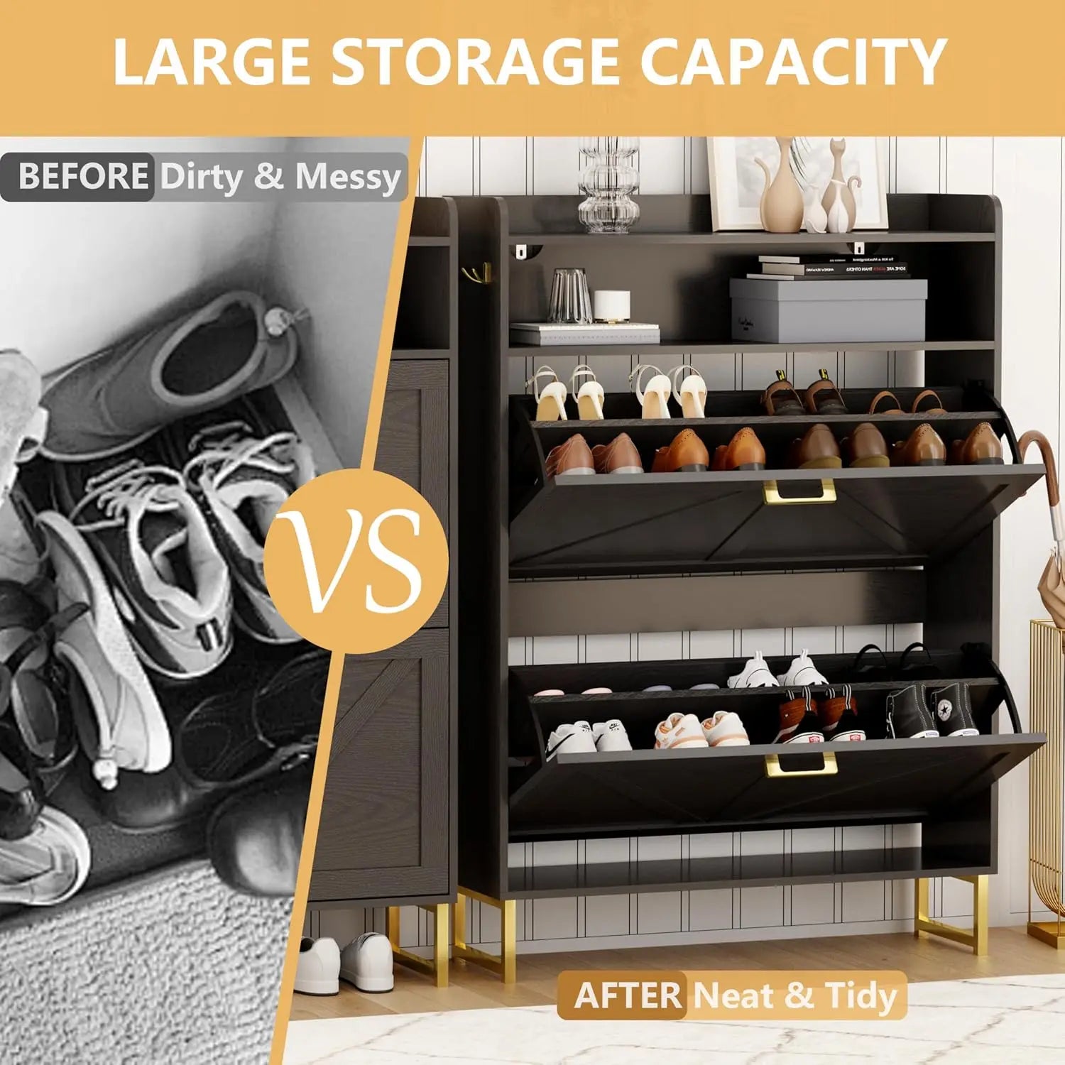 Shoe Cabinet with 2 Flip Drawers, Freestanding Hidden Shoe Storage Organizer, Shoe Rack Cabinet with Open Storage & Hooks