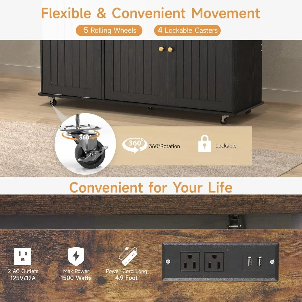 60" Kitchen Island with Power Outlet & Drop Leaf, Kitchen Rolling Island with Spice Rack & Towel Rack, Knife Holder