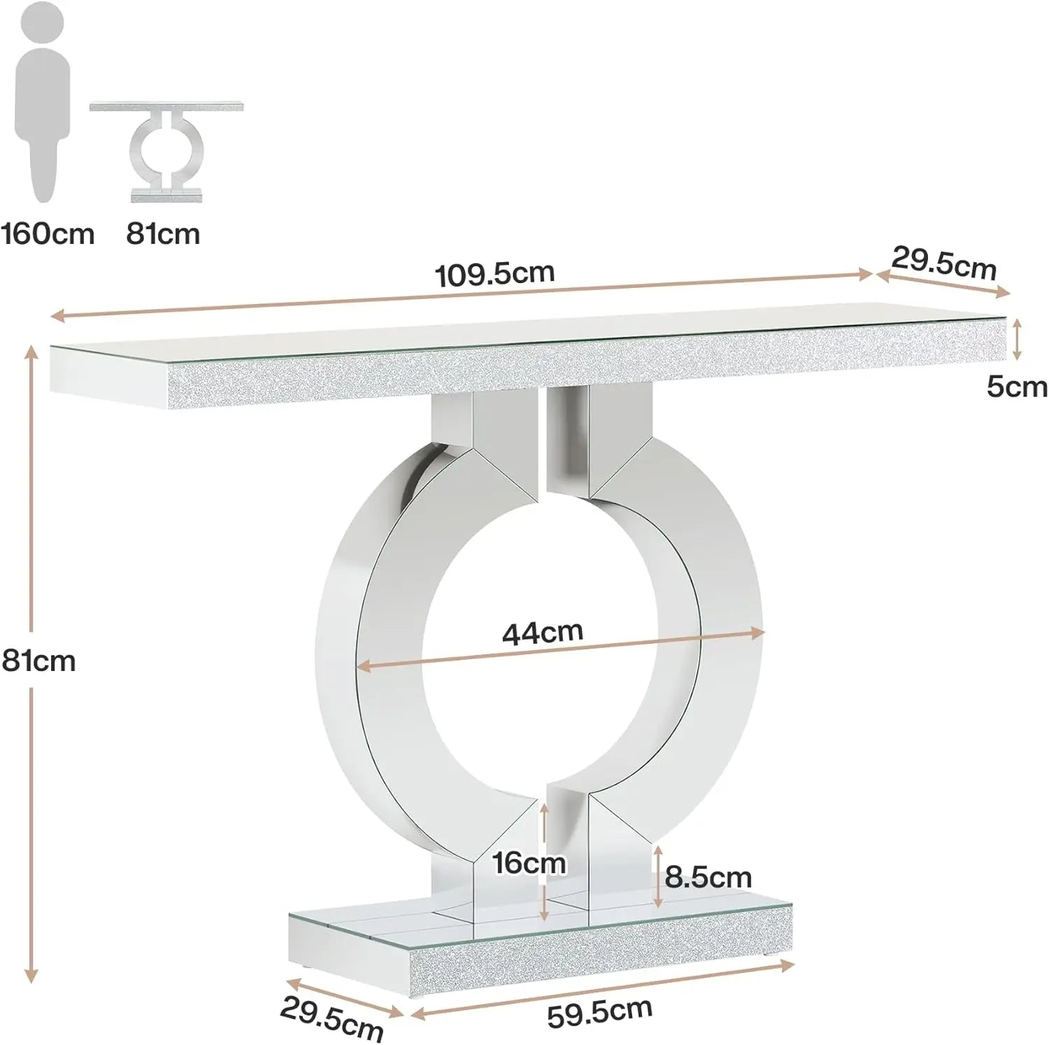 43.3-Inch (110cm) Mirrored Console, Entryway Table with Thickened Mirror Finish Tabletop
