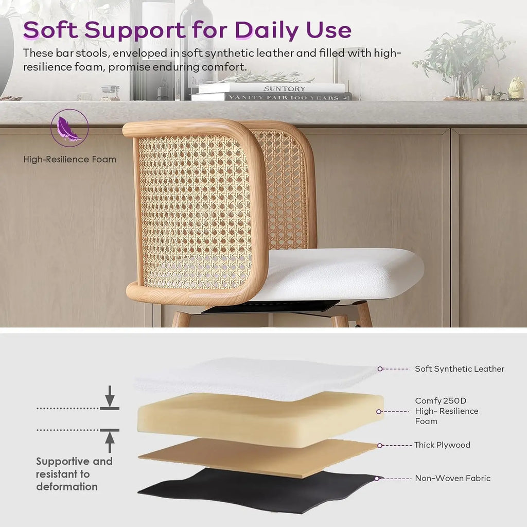 NEW Swivel Rattan Bar Stools Set of 2, 26” Counter Height Stools with Natural Rattan Woven Back and Faux Leather Seat