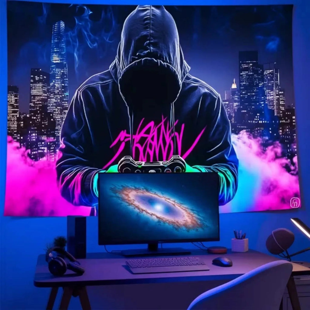 2D Flat - 2D Flat Fluorescent Tapestry | Mysterious Man Game Controller Print, Room Decor Wall Hanging for Bedroom, Living Room, Office | Non- Polyester Fabric, Peach Skin Velvet, Portrait Orientation