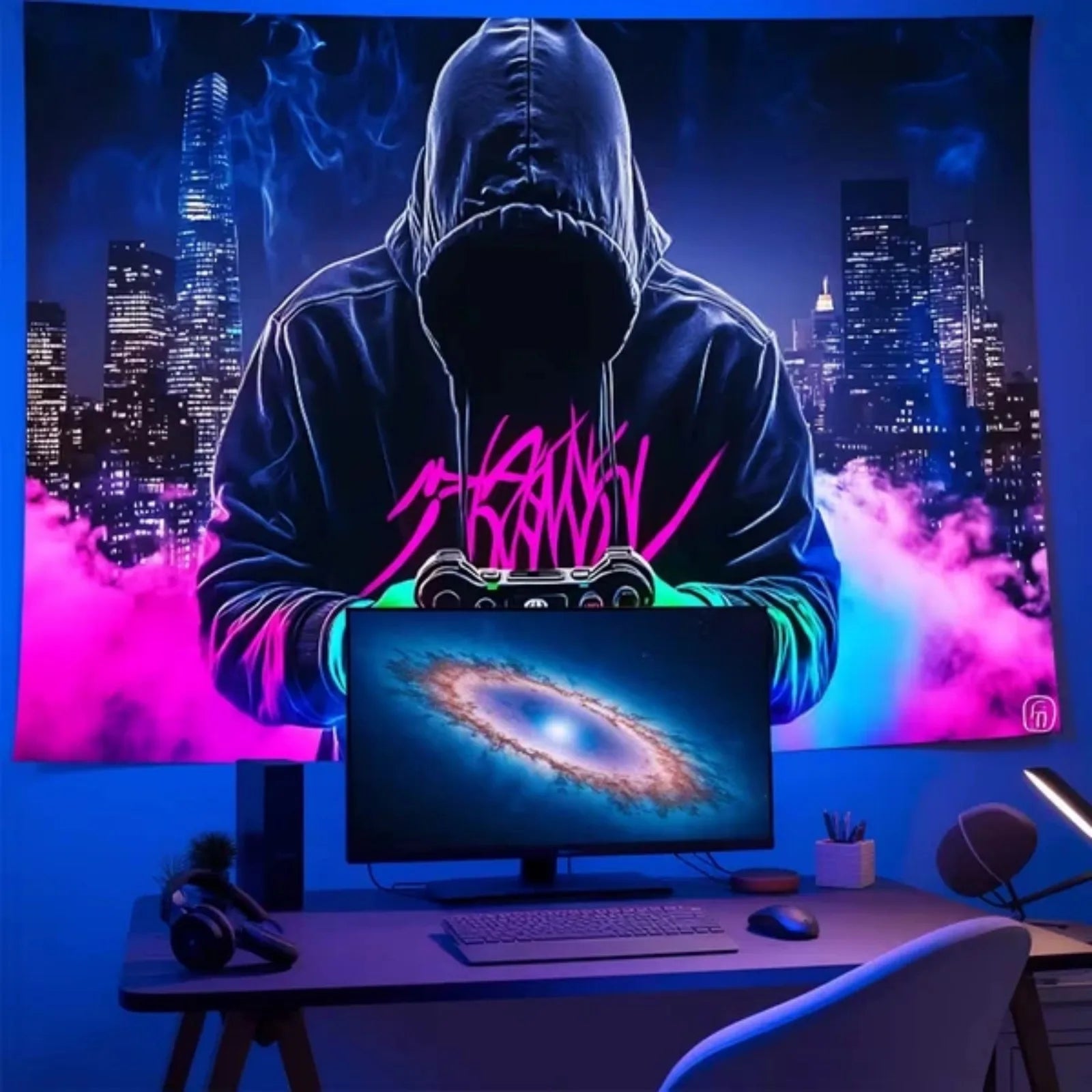 2D Flat - 2D Flat Fluorescent Tapestry | Mysterious Man Game Controller Print, Room Decor Wall Hanging for Bedroom, Living Room, Office | Non- Polyester Fabric, Peach Skin Velvet, Portrait Orientation