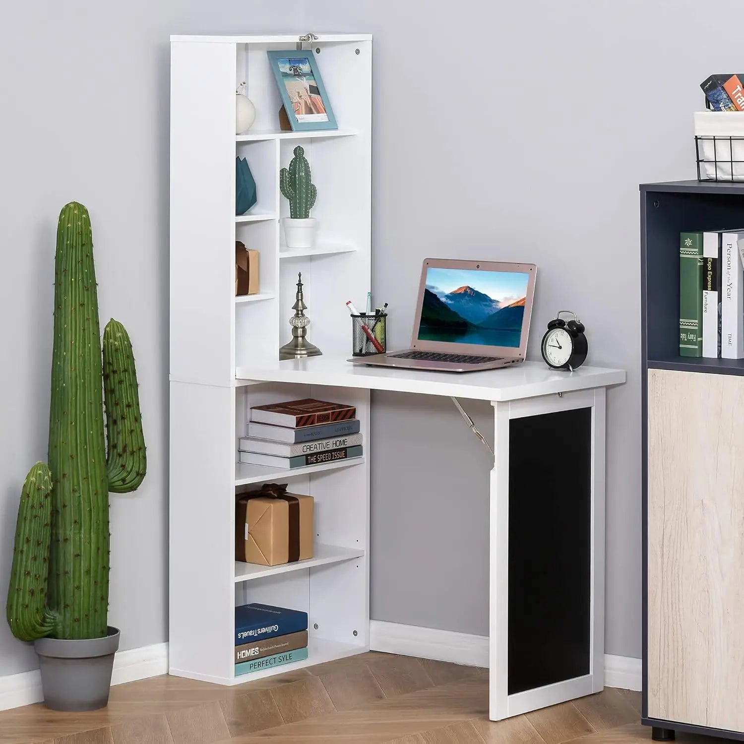Fold-Out Convertible Writing Table,Wall Mount Desk Cabinet with Blackboard and Side Shelf Multi-Function Home Office Workstation