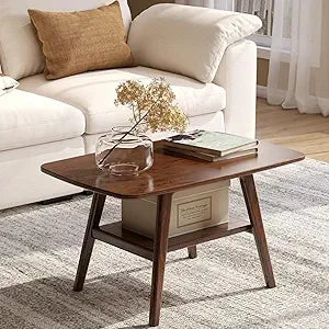 100% Solid Oak Wood Coffee Table for Living Room, 2-Tier Small Table with Storage Shelf, Mid Century Modern Coffee Tables (Walnut)