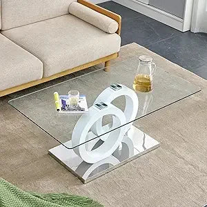 Glass Coffee Table, Coffee Table for Living Room, 47'' Modern Tempered Glass Tabletop with DoubleO MDF Leg and Silver Metal Base