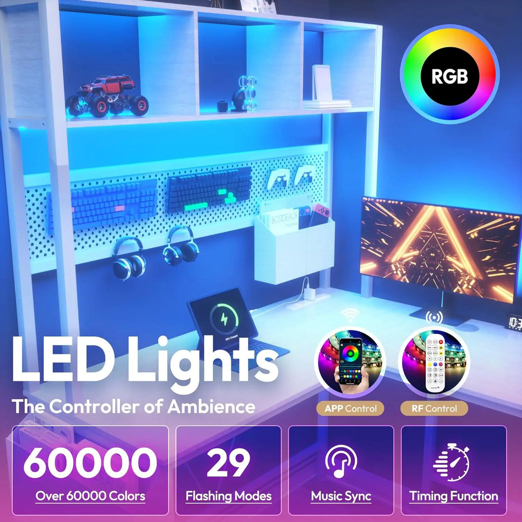 67” L-Shaped Gaming Desk with Pegboard & Drawers, Reversible Computer Desk with RGB Lights & Power Outlets