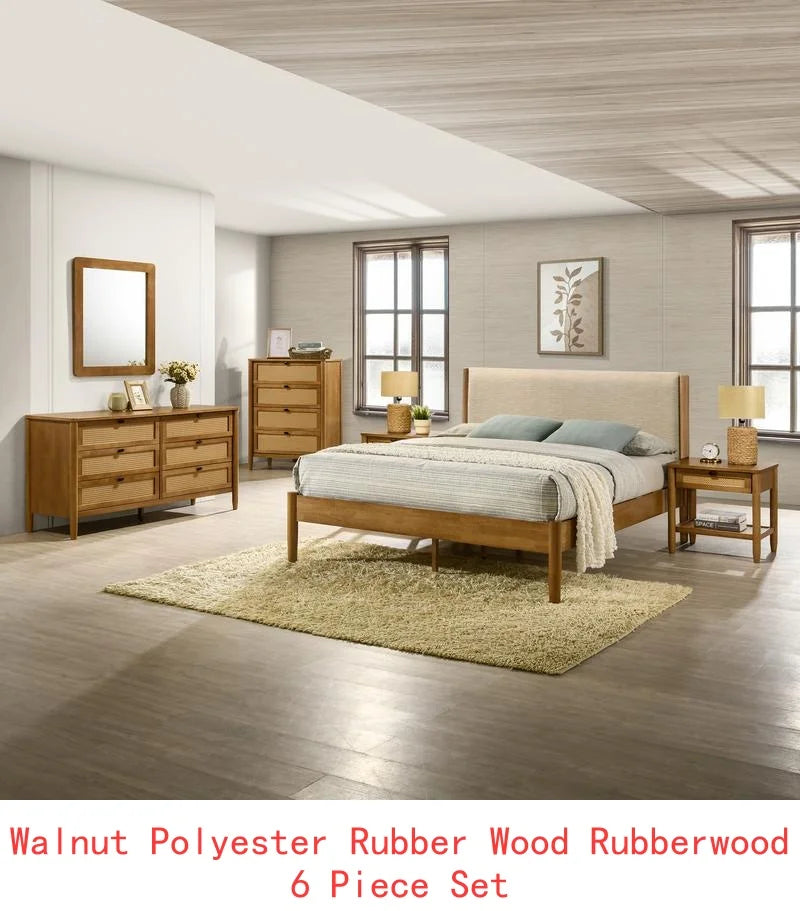 6-Piece Rubberwood Bedroom Set with Upholstered Queen Bed, Dresser, Mirror, 2 Nightstands, and Chest