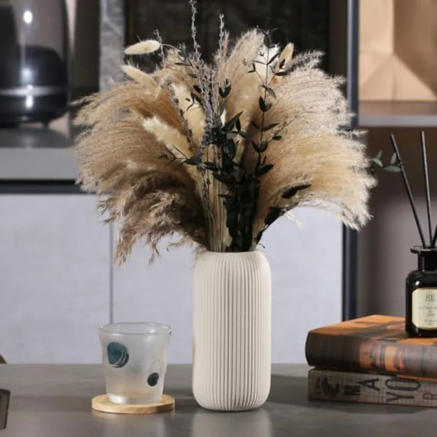 Bohemian Ceramic Vase - for Pampas Grass, Mantel, Bookshelf, Entryway and Living Room Decor