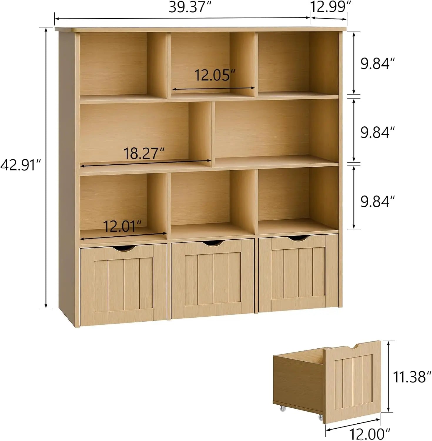 Oak Multifunctional Toy Organizer with 3 Movable Drawers and 8 Storage Cubbies, Kids Bookshelf and Toy Chest Shelf Organizer