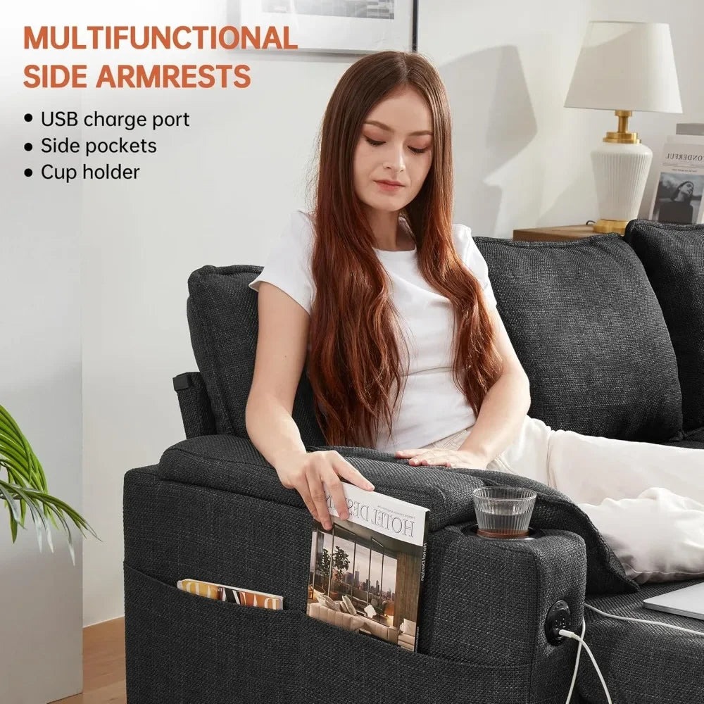 Dark Gray L-Shaped Sofa/ Bed with Storage Chaise, USB ports, and Cup Holders