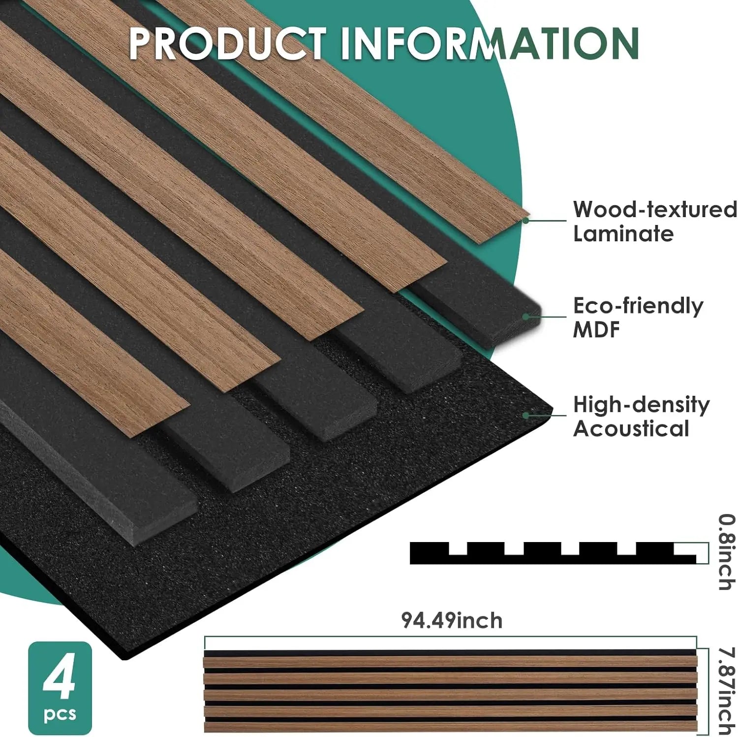 4-Piece Wood Slat Acoustic Panels for Stylish Decor - 94.5" x 7.87" Wood Wall Panels, 3D Wood Slat Wall Panel