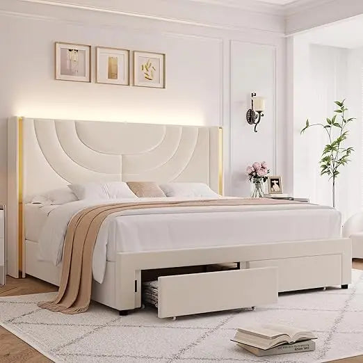 Full Upholstered LED Bed Frame with 2 Storage Drawers, Velvet Platform Bed with Wingback Headboard