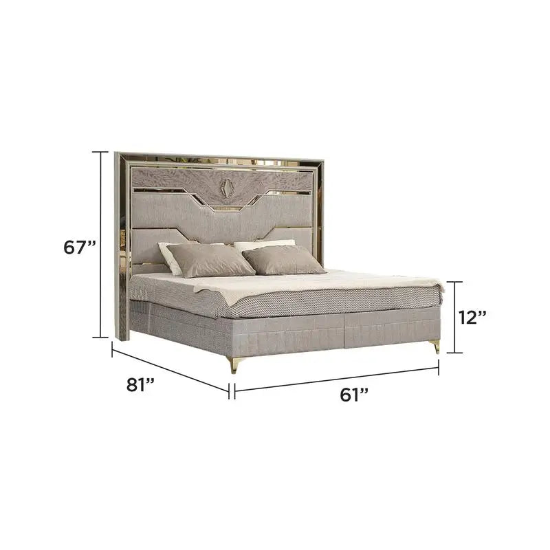 Modern Style 4-Piece Queen Upholstered Bedroom Set with Wood and Gold Accents in Beige