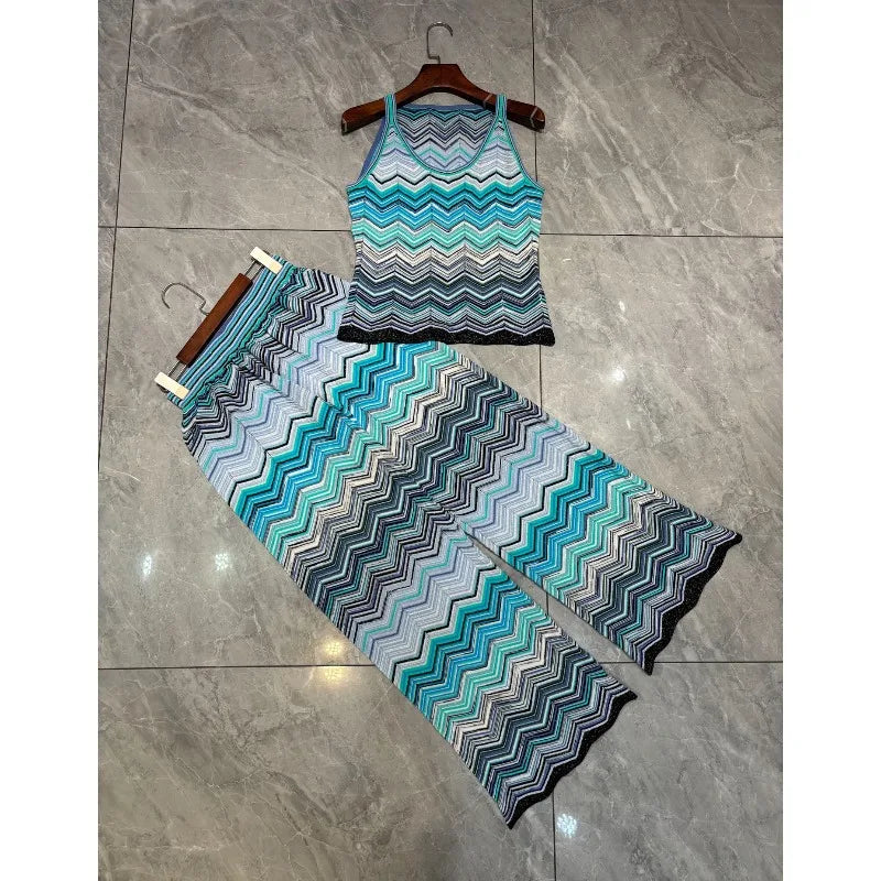 Metallic Striped Print Short Camisole and Pants Set for Women 2026 Summer New Slim Fit Versatile High-end Set Women Clothing